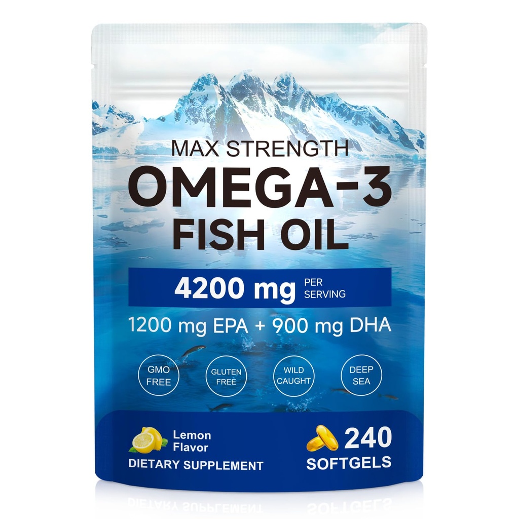 AIQIUSHA Omega 3 Fish Oil Supplements 4200mg – Triple Strength EPA DHA (1200/900), No Fishy Burps, Enteric Coated, Supports Heart, Brain, Joint Health, 240 Softgels