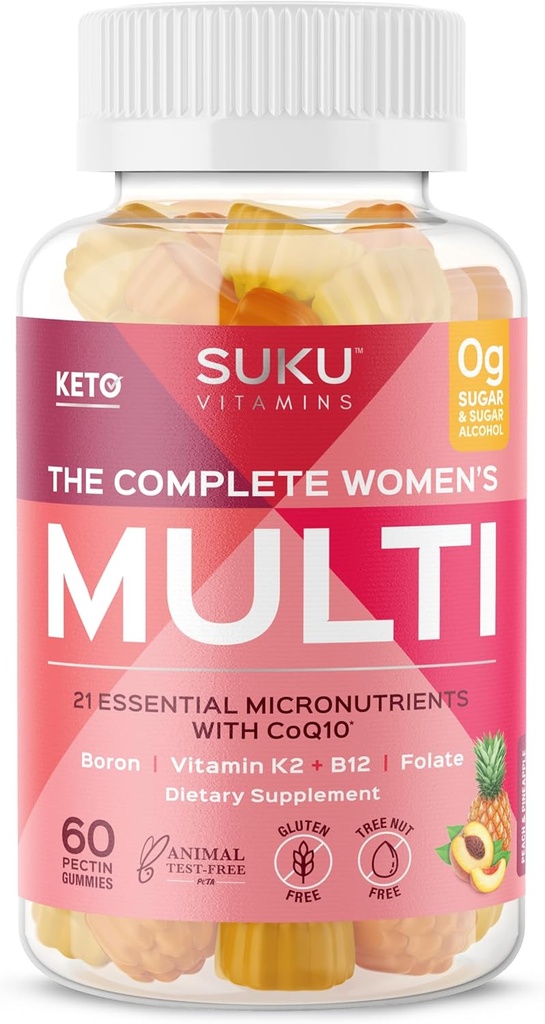 SUKU Vitaminas - Multi Mujer Completa - con Boron, Vitamina K2, B12, A y Más para la Salud de las Mujeres - Fácil de Agarrar - No GMO, Azúcar Gluten Libre - Pineapple &amp; Peach Sabored Gummy Vitaminas, 60 Cuenta