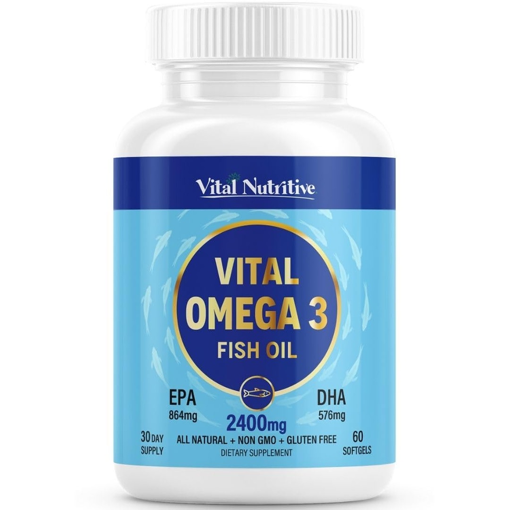 Vital Omega 3 Fish Oil Supplements 2400mg | 864mg EPA & 576mg DHA | 1440mg Total Omega-3 Fatty Acids | Promotes Brain & Heart Health | Non-GMO, Gluten-Free, Sugar-Free | Lemon | 30 Day Servings