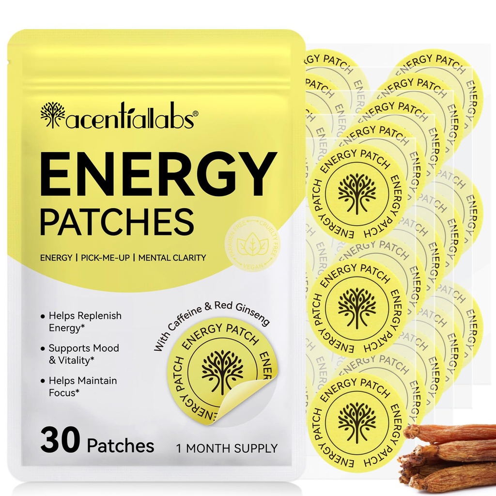 Energy Patches – Daily Wellness Patch with Caffeine & Red Ginseng – Easy & Discreet Patch – Vegan, Cruelty-Free – 30 Patches (1 Month Supply)