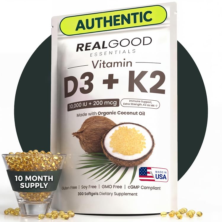 RealGood Essentials Vitamin D3 K2, D3 K2 Vitamin Supplement 10000 IU, K2 MK7 200 mcg, Coconut Oil Softgel Capsules, Bone and Heart Health Formula, Easy to Swallow, Clean Label, Made in USA, 300 Count