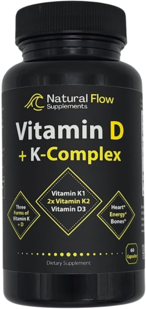 Vitamin D3 with K2 and K1 Supplement - Natural Flow Vitamin D3 and K Complex, D3 5000iu with Vitamin K2 MK4 + MK7 and K1 for Bone, Heart, and Immune Support - 60 Capsules
