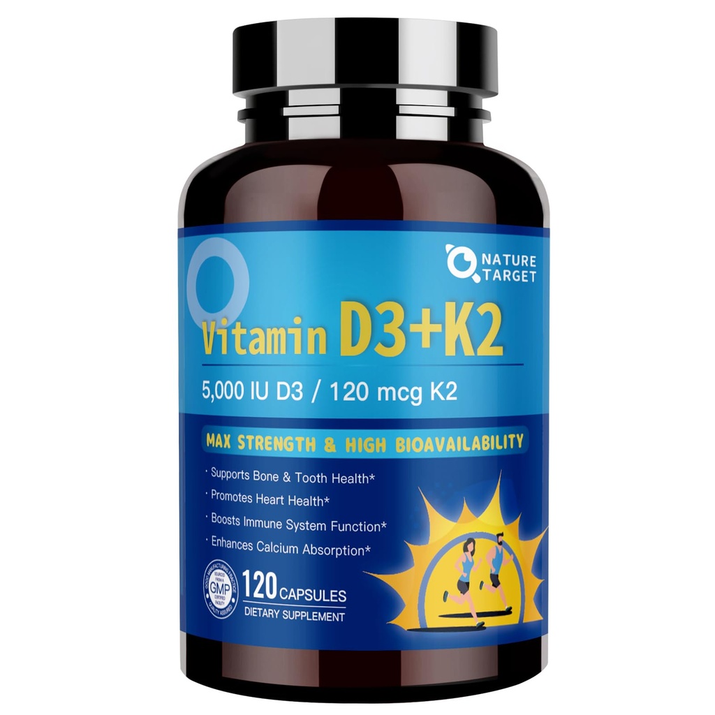 NATURE TARGET Vitamin D3 K2 with Calcium & Magnesium - 6-in-1 Complex - Max Strength for Bone, Heart & Immune - 5000 IU Vitamin D3, 120 mcg K2, Gluten-Free, 120 Servings
