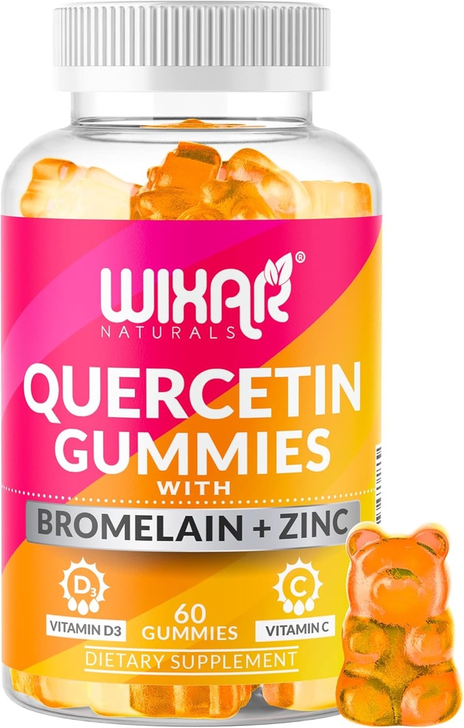 Quercetin Gummies - Quercetin 500mg with Bromelain, Zinc, Vitamin C&D3 - Quercetin Gummy Supplements for Immune Support and Allergy - Immunity Booster Vitamins Supplement – 60 Chewable