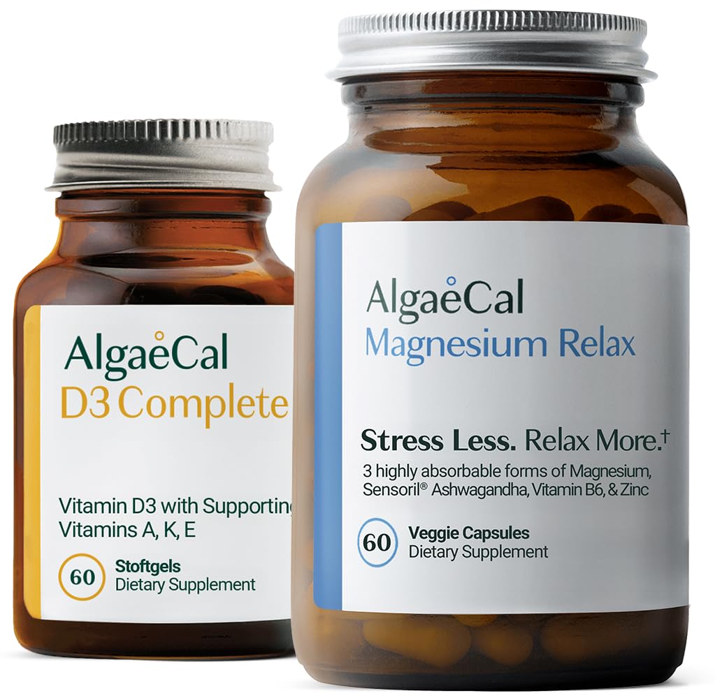 AlgaeCal Magnesium Relax™ - Chelated Magnesium with Ashwagandha for Sleep & Occasional Anxiety and AlgaeCal D3 Complete - ADEK Vitamin Supplement, Enhanced Immune Support & Bone Health with D3 K2