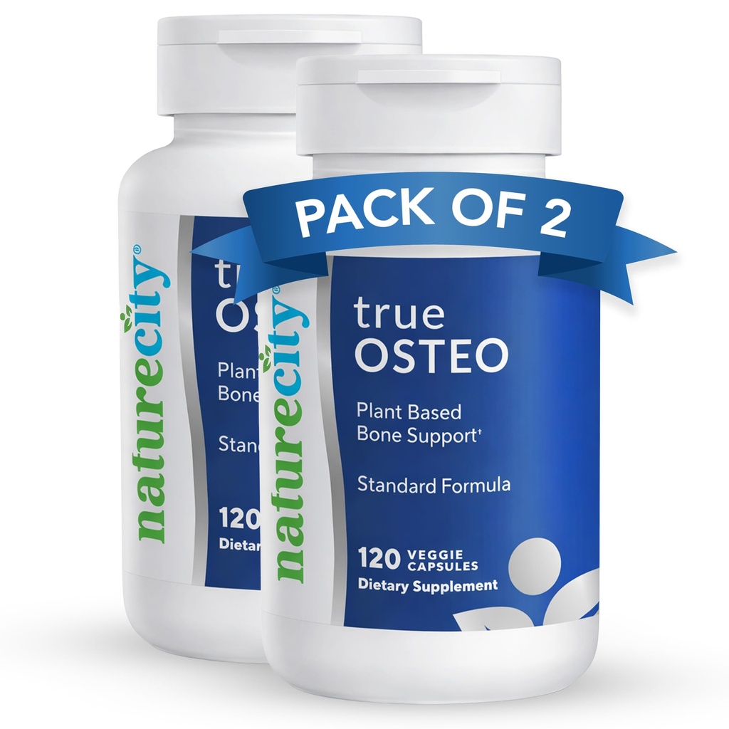 NatureCity True-Osteo Bone Support Supplement – Plant-Based Formula with AlgaeCal Calcium, Magnesium, Vitamin D3, K2 & Silicon | Gentle on Stomach (120 Veggie Capsules) (Pack of 2)