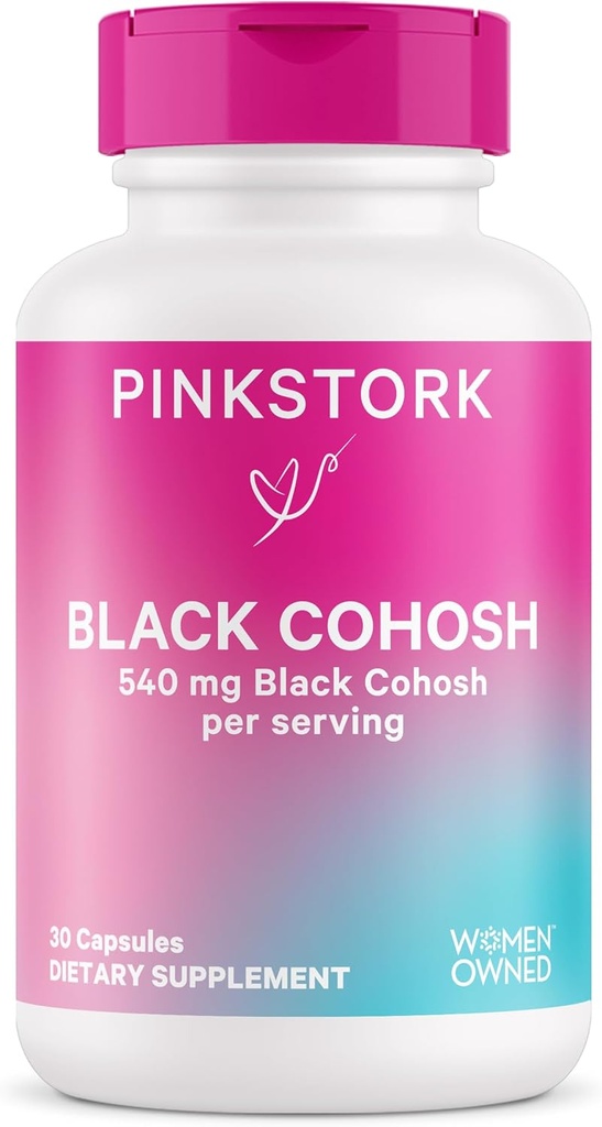 Pink Stork Black Cohosh Suplementos para Mujeres - 540 mg Cohosh Negro puro para la perimenopausa, Menopause Support- 30 cápsulas