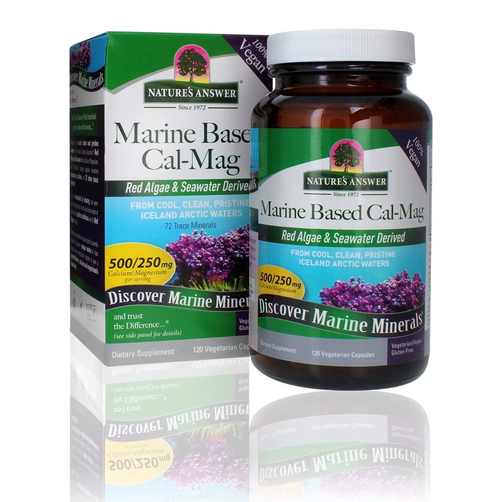 Nature's Answer Calcium Magnesium Capsules 120 Count - Daily Marine Based Magnesium & Calcium Supplement for Sleep & Bone Support - Vegan, Gluten Free, Alcohol Free for Everyone