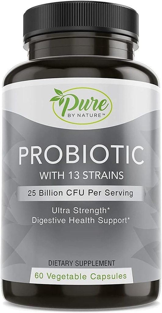 Puro por la naturaleza Probióticos para Hombres, 13 Estrechos con 25 Billones CFU, Probióticos para Salud Digestiva, Salud Gut, Apoyo Inmune, Bloating &amp; Constipation, Vegan & Estante, 60 cápsulas