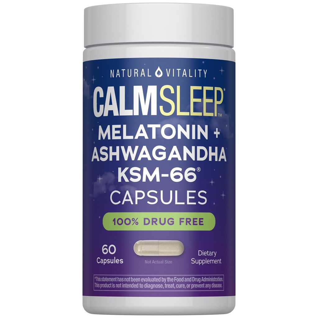 Natural Vitality Calm Sleep Melatonin and Ashwaganda KSM-66 Capsules | 100% Drug Free | 60 Count