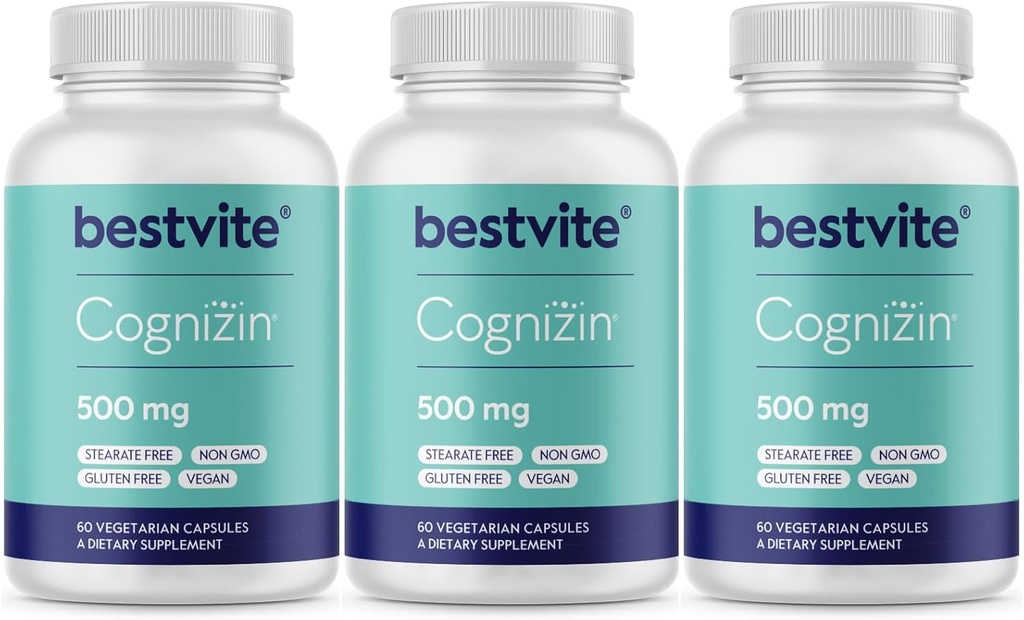 BESTVITE Cognizin Citicoline 500mg (180 cápsulas vegetarianas) (60x3) - Nootropic de línea primaria clínicamente estudiada - No Stearates - Vegan - Gluten Gratis - Suplementos cerebrales para memoria y enfoque