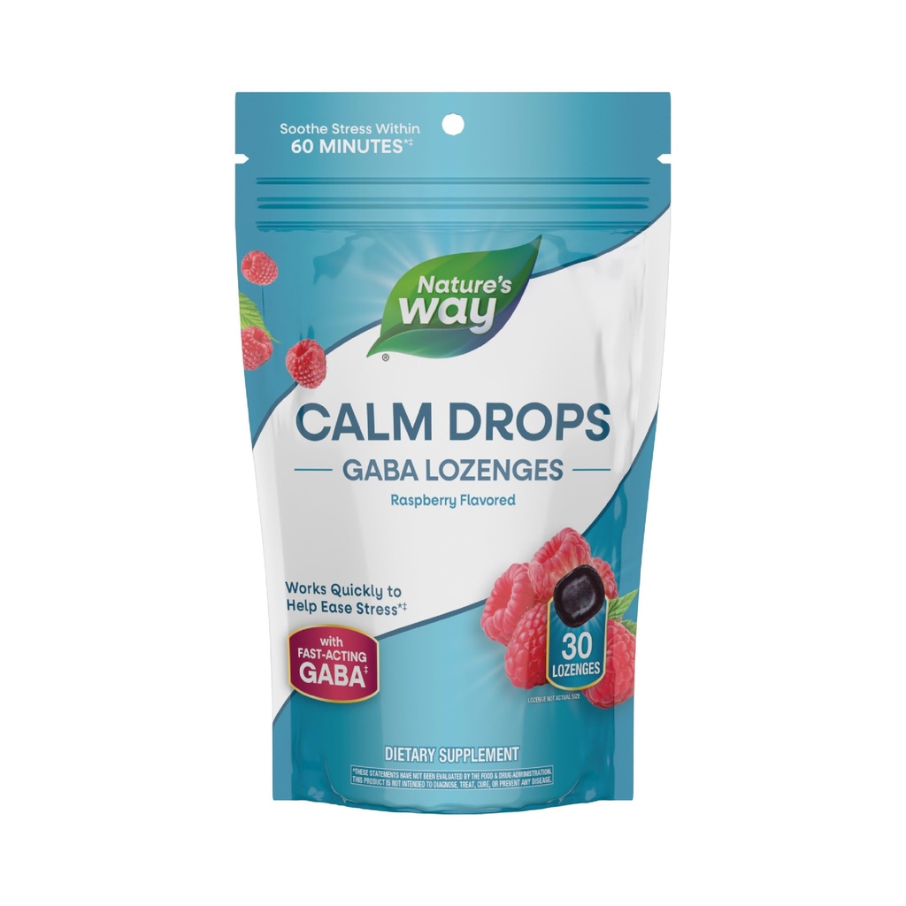 Nature's Way Calm Drops, Works Quickly to Help Ease Stress*(1), Fast-Acting GABA, Individually Wrapped Lozenges, Raspberry Flavored, 30 Lozenges