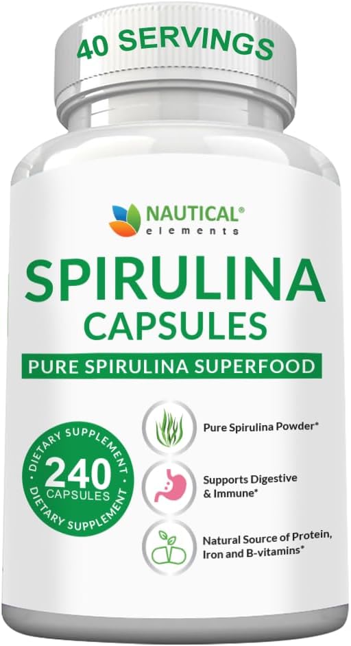 Spirulina Capsules 3000mg - 40 Serviciones de cápsulas ecológicas de espirulina - Rica en proteínas, antioxidantes y vitaminas - 240 Espirulina ecológica Polvo - Apoyos Immune &amp; Cardiovascular Health