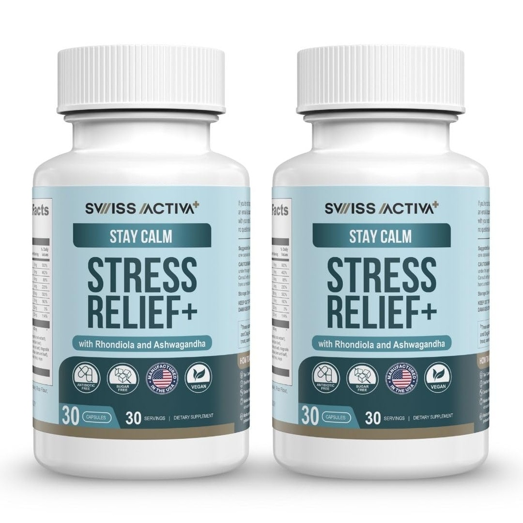 Swiss Activa+ Labs Stress Relief Supplement | Natural Support with Ashwagandha, L-Theanine & Rhodiola | Calming Supplements for Adults | Cortisol & Mood Balance, Focus & Relaxation | 60 Days Supply
