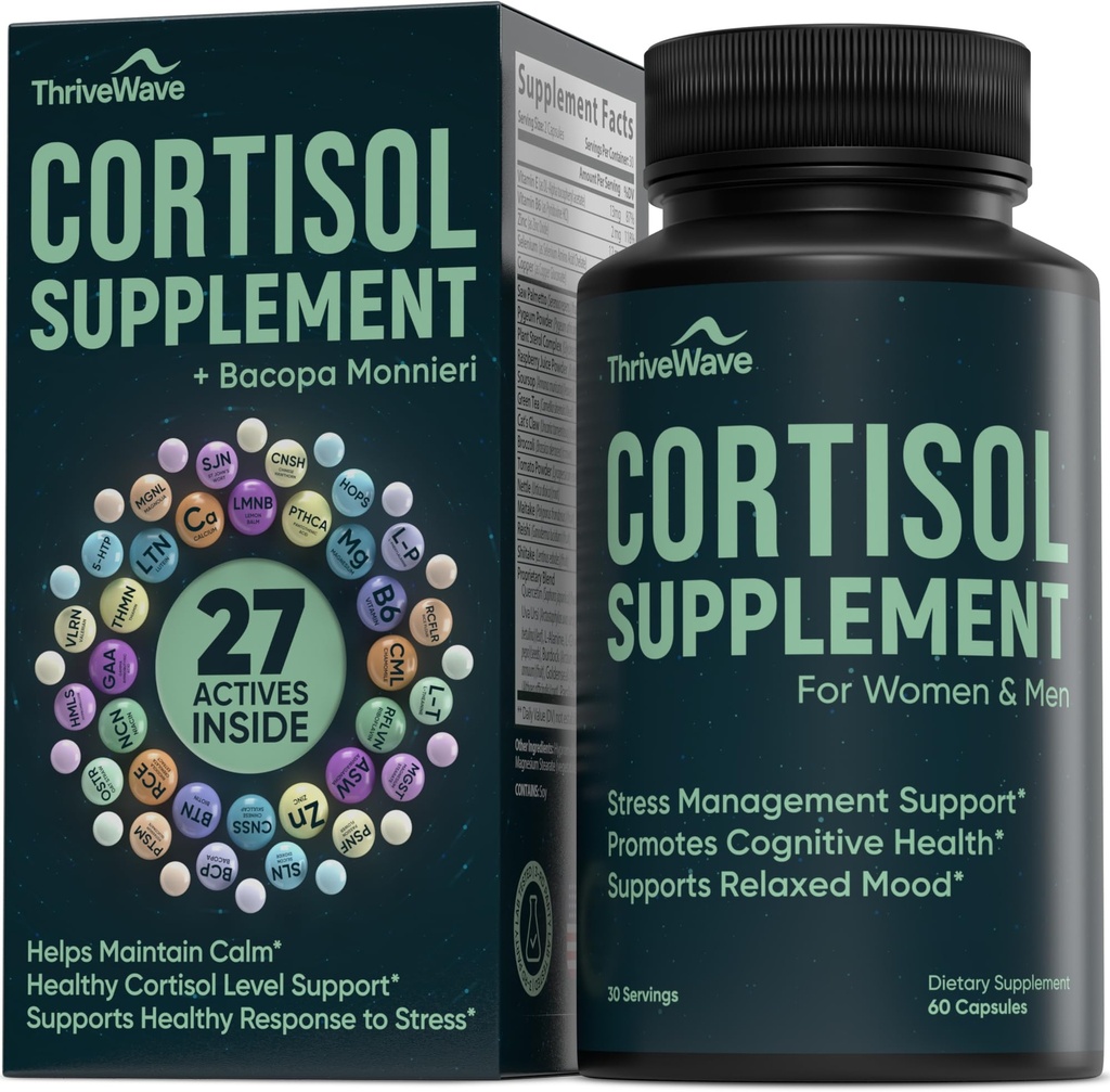 Cortisol Supplements for Women & Men - Bacopa Monnieri, Lemon Balm, Ashwagandha with 5 HTP, GABA, L-Theanine Supplement - Stress & Mood Support for Adults - Happy Pills for Nerve Calm - 60 Capsules