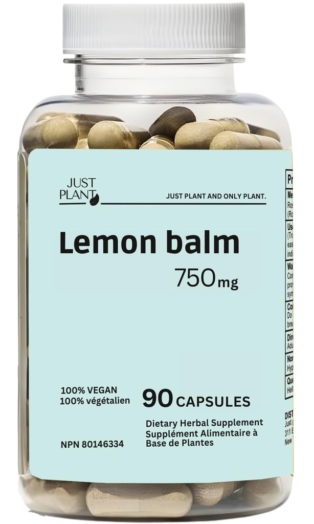 Organic Lemon Balm Capsules, 750 mg, 90 Vegan Capsules, Calming Herbal Support for Stress Relief, Calm Mood & Focus, Gluten-Free, GMP Certified Made in USA