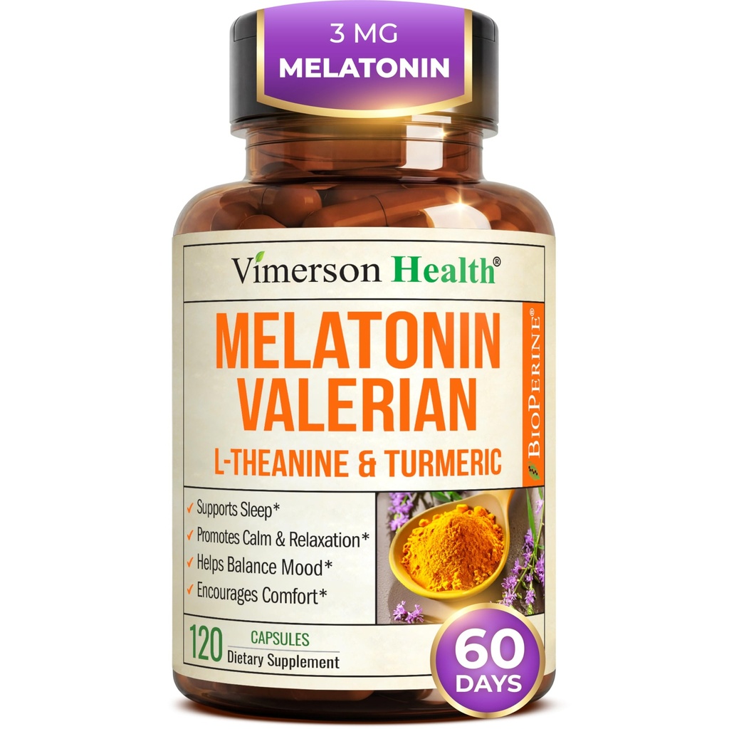 Melatonin 3mg Sleep Aid with L-Theanine & Valerian Root – Turmeric Curcumin Supplement with Ginger & Black Pepper – Organic Turmeric Supplement for Sleep, Calm and Stress Relief Support – 120 Capsules
