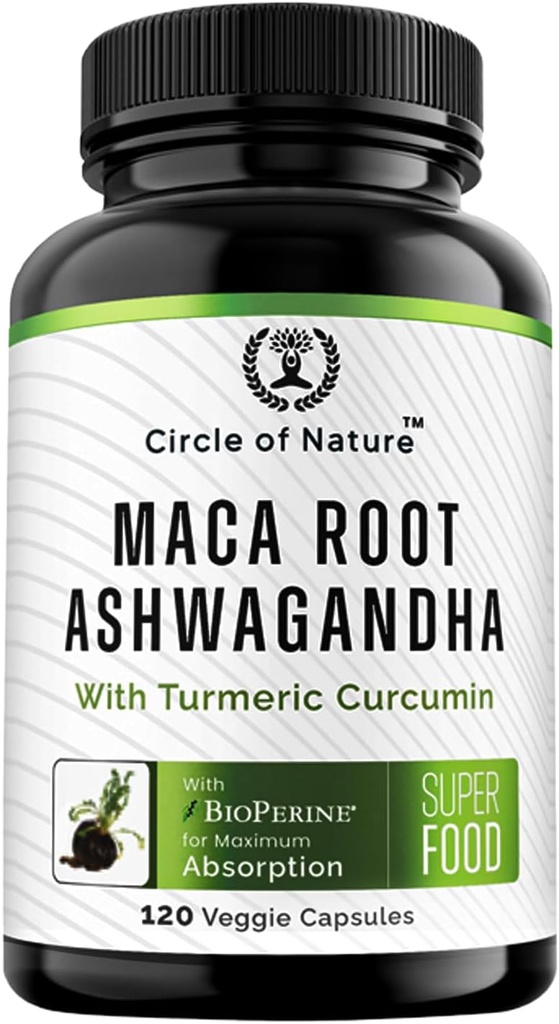 Maca Root, Ashwagandha Root Extract, Capsules for Men &amp; Women with Turmeric Curcumin and Bioperine 120 Capsules Made in USA