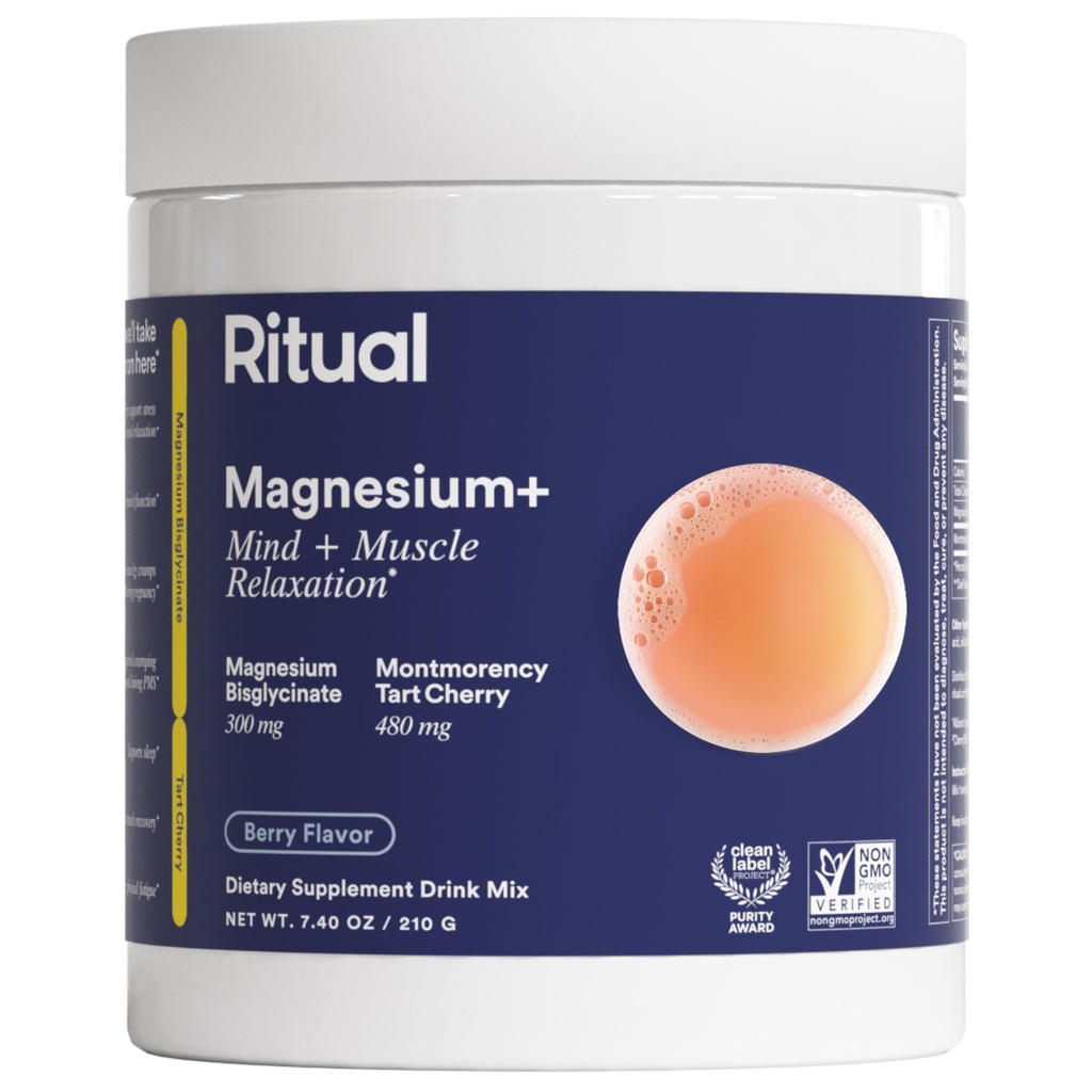 Ritual Magnesium+ Glycinate Drink Mix Supplement - with Tart Cherry to Support Calm, Sleep, Mind, Muscle Relaxation, Recovery and Cramping Relief** - Vegan - Sugar-Free - Berry - 30 Servings