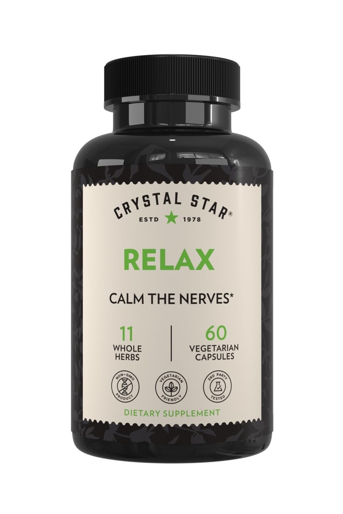 Crystal Star Relax (60 Capsules) - Helps Calm Nerves with Ashwagandha, American Skullcap and Kava Kava - Non-GMO