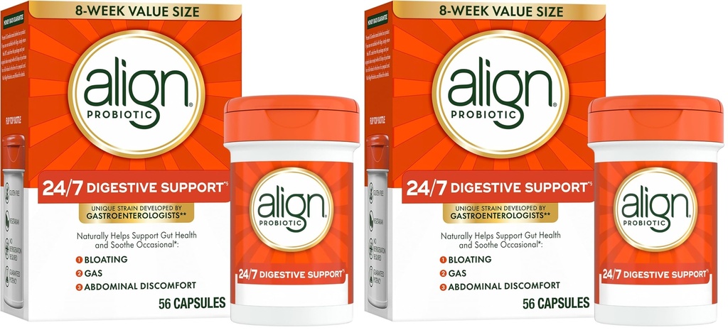 Probióticos alineados, Soporte Digestivo 24/7*§,Probióticos para Mujeres y Hombres,Probióticos para Salud Digestiva, Hombres y Mujeres Capsules Probióticos Ayuda Aliviar Bloating Ocasional & Gas*,56 cápsulas,(Pack of 2)