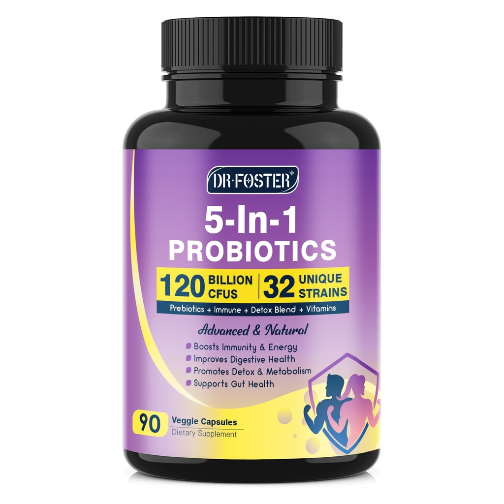 DRFOSTER Probiotics for Women & Men Digestive Health，120 Billion CFUs, Prebiotics and Probiotics for Gut Health, D3, Zinc & Immune Support Herbs, Detox Cleanse, 45 Day - 3 Month Supply