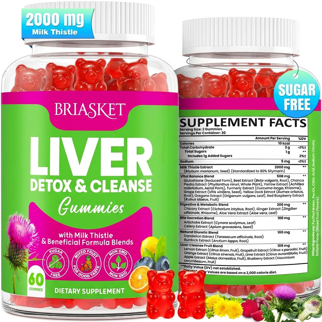 Liver Detox Cleanse & Repair, 2000 mg Milk Thistle Liver Detox, Liver Support Supplement with Glutathione, Dandelion Root, Turmeric & Artichoke, 23-in-1Herbal for Liver & Gut Health, Vegan, 60 Gummies