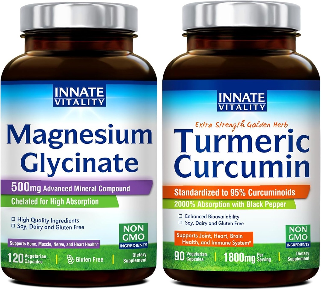 Innato Vitality Magnesium Glycinate & Turmeric Bundle, High Absorption, Joint, Muscle & Nerve Health, Black Pepper Extract, Bundle & Save, 120 Capsules & 90 Capsule