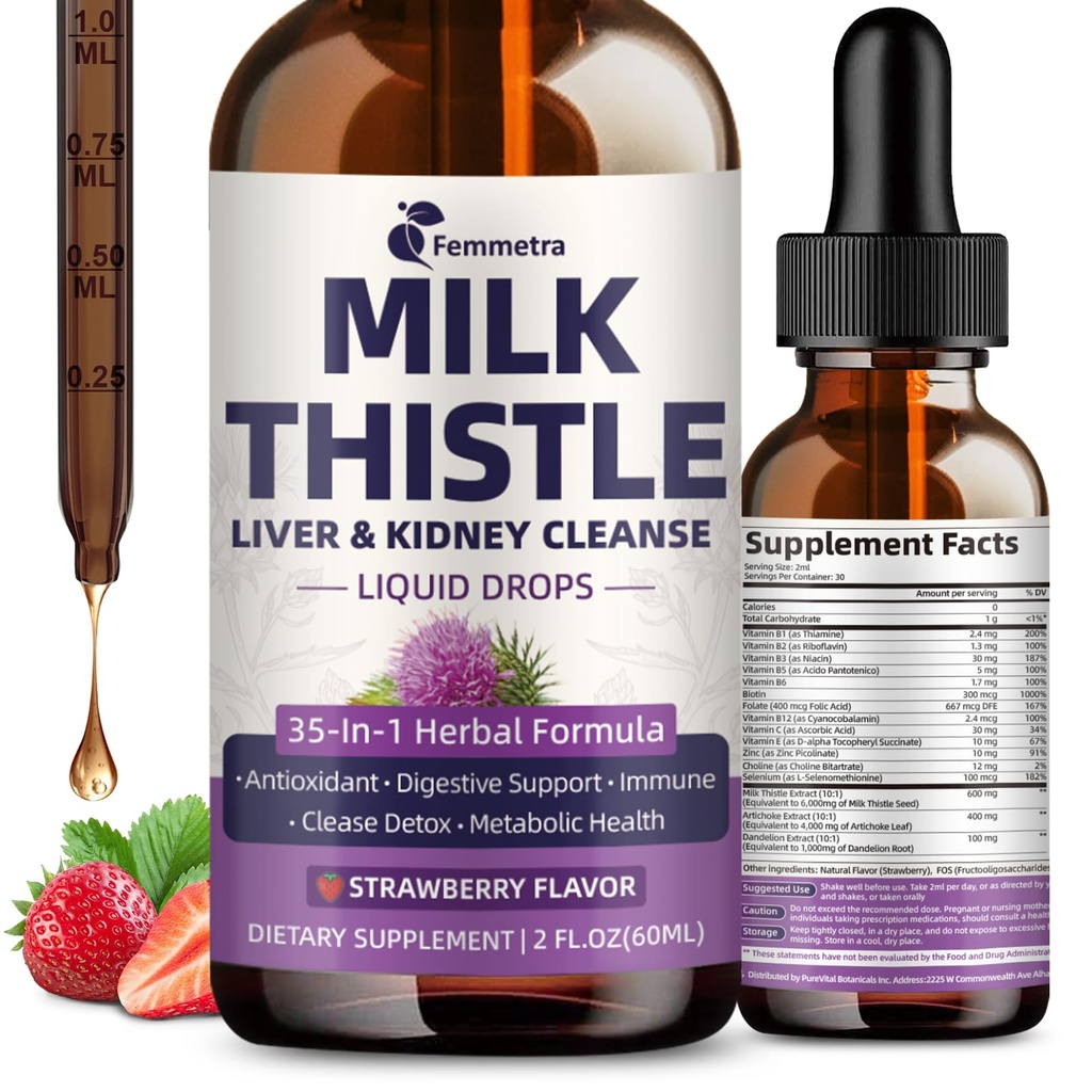 Milk Thistle Extract Liquid Drops for Liver Cleanse Detox & Repair, 35-IN-1 Kidney Support Supplement with Artichoke & Dandelion for Urinary Tract, Bladder, Vegan, Non-GMO, Strawberry Flavor, 2 FL OZ