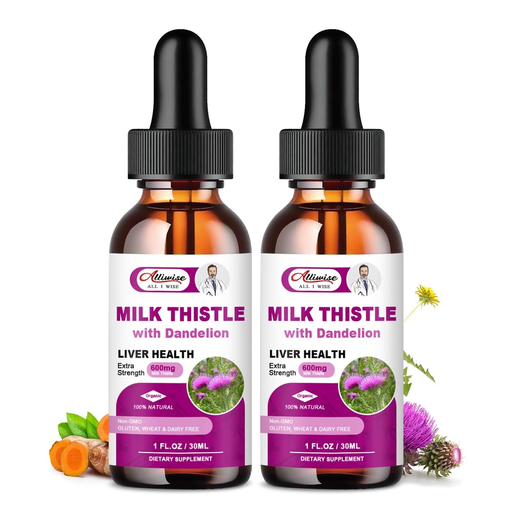 Liver Health Support Liquid 2 Pack,600mg Milk Thistle 80% Silymarin Extract & 250mg Dandelion Root Extract, Liver Cleanse Detox & Repair Fatty Liver Formula, Vegan, Non-GMO and All-Natural