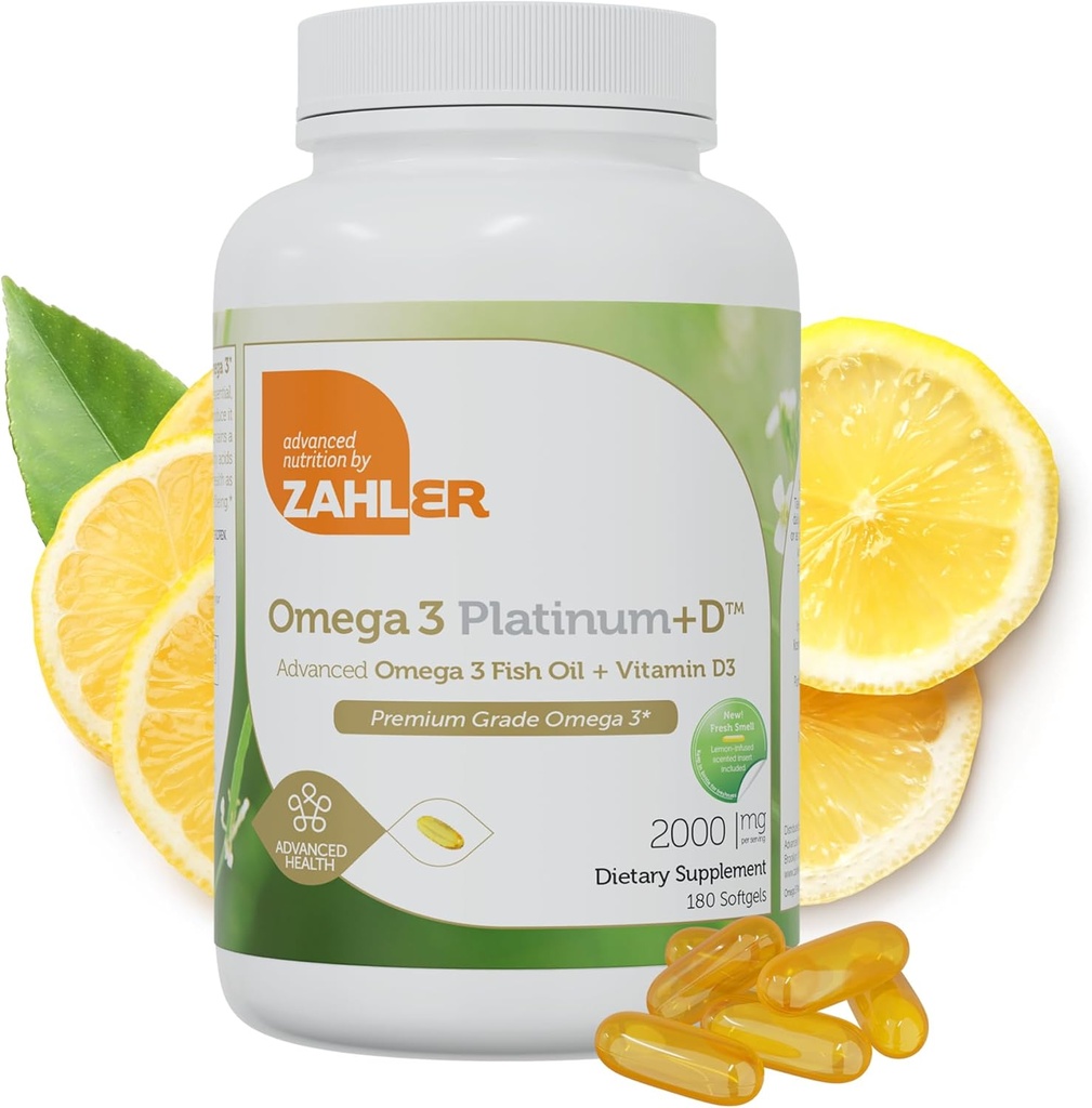 Zahler Omega 3 Platinum +D, All-Natural Pure Fish Oil Supplement, Burpless Softgel with No Fishy Aftertaste, Highest in EPA and DHA, Certified Kosher, 180 Softgels