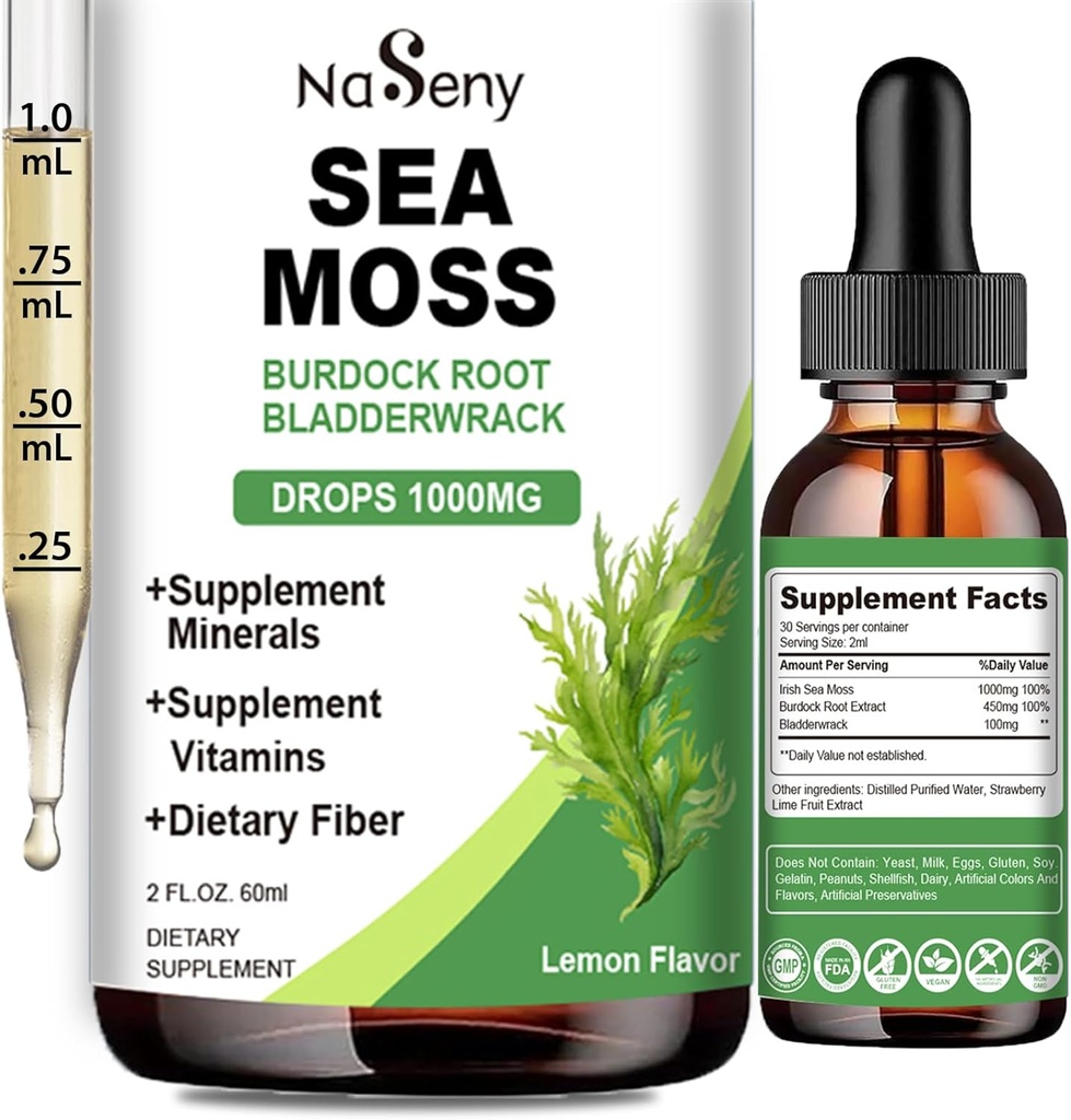 Mar Moss gotas líquidas - alta absorción Irlandés 1000 mg Sea Moss Suplemento de Tintura Rico en vitamina " Mineral para la digestión inmunitaria " Energy-Lemon Flavor