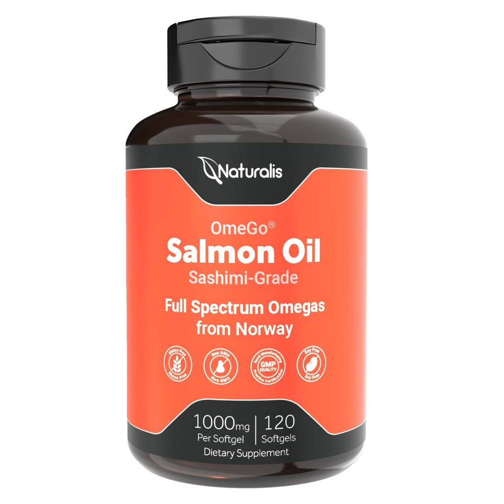 Naturalis Norwegian Sashimi-Grade Salmon Oil 1000mg | 100% Antibiotic Free, Non-GMO & Fully Traceable | Clinically Studied to Support Healthy Cholesterol Levels* | 120 Softgels