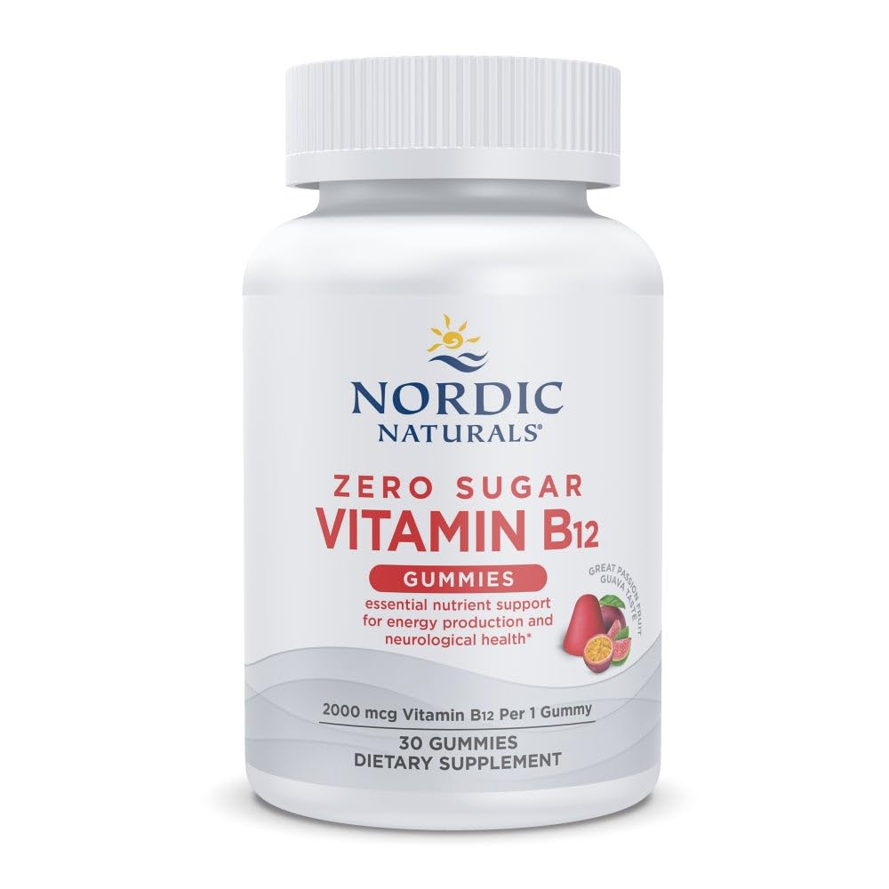 Nordic Naturals Zero Sugar Vitamin B12 Gummies - 2000 mcg Vitamin B12 per Gummy, Passion Fruit Guava Flavor - 30 Gummies, Essential Nutrient Support for Energy Production and Brain Health, 30 Servings
