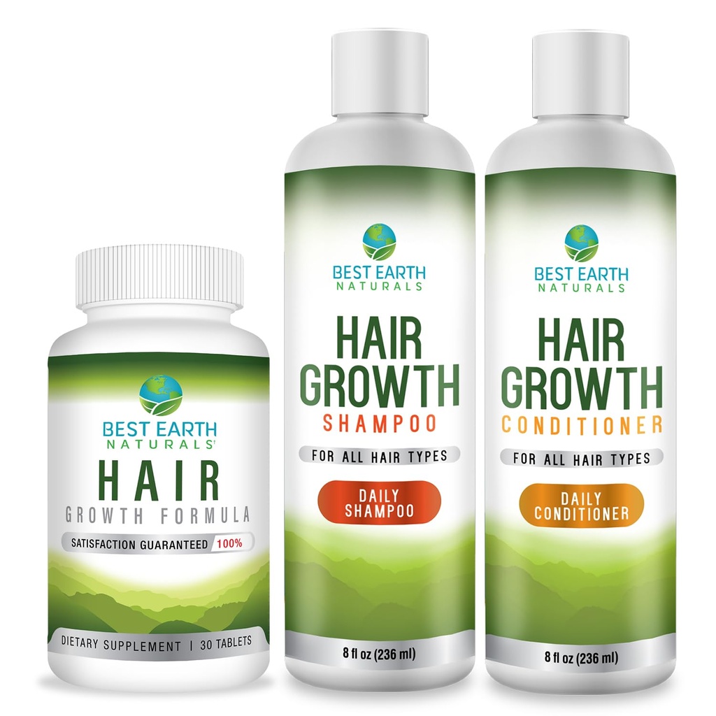 Mejor Tierra Naturales Crecimiento del Pelo Juego con Crecimiento del Pelo Vitaminas, Champú y Acondicionador