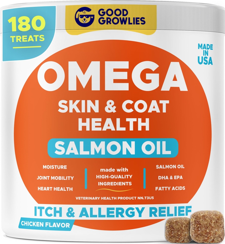 Omega 3 Fish Oil for Dogs (180 Ct) - Skin & Coat Chews - Dry & Itchy Skin Relief + Allergy Support - Shiny Coats - EPA&DHA Fatty Acids - Natural Salmon Oil Chews Promotes Heart, Hip & Joint Support