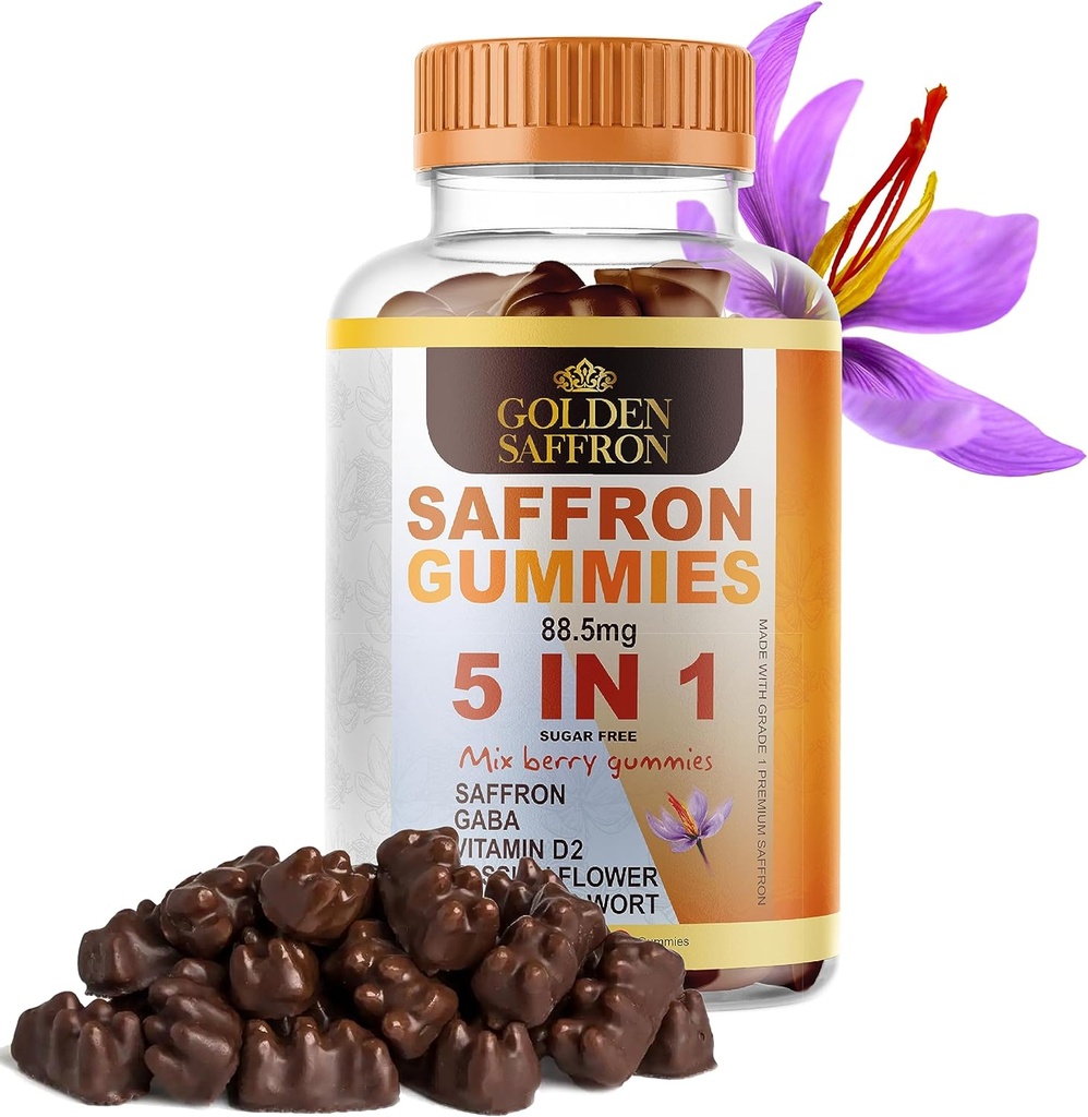 GOLDEN SAFFRON, Saffron Gummies Contiene 88,5 mg. Puro Saffron Extract + GABA, Vitamina D2, Passion Flower y St. John’s Wort, para Holistic Wellness,Cherries Flavor Vegan
