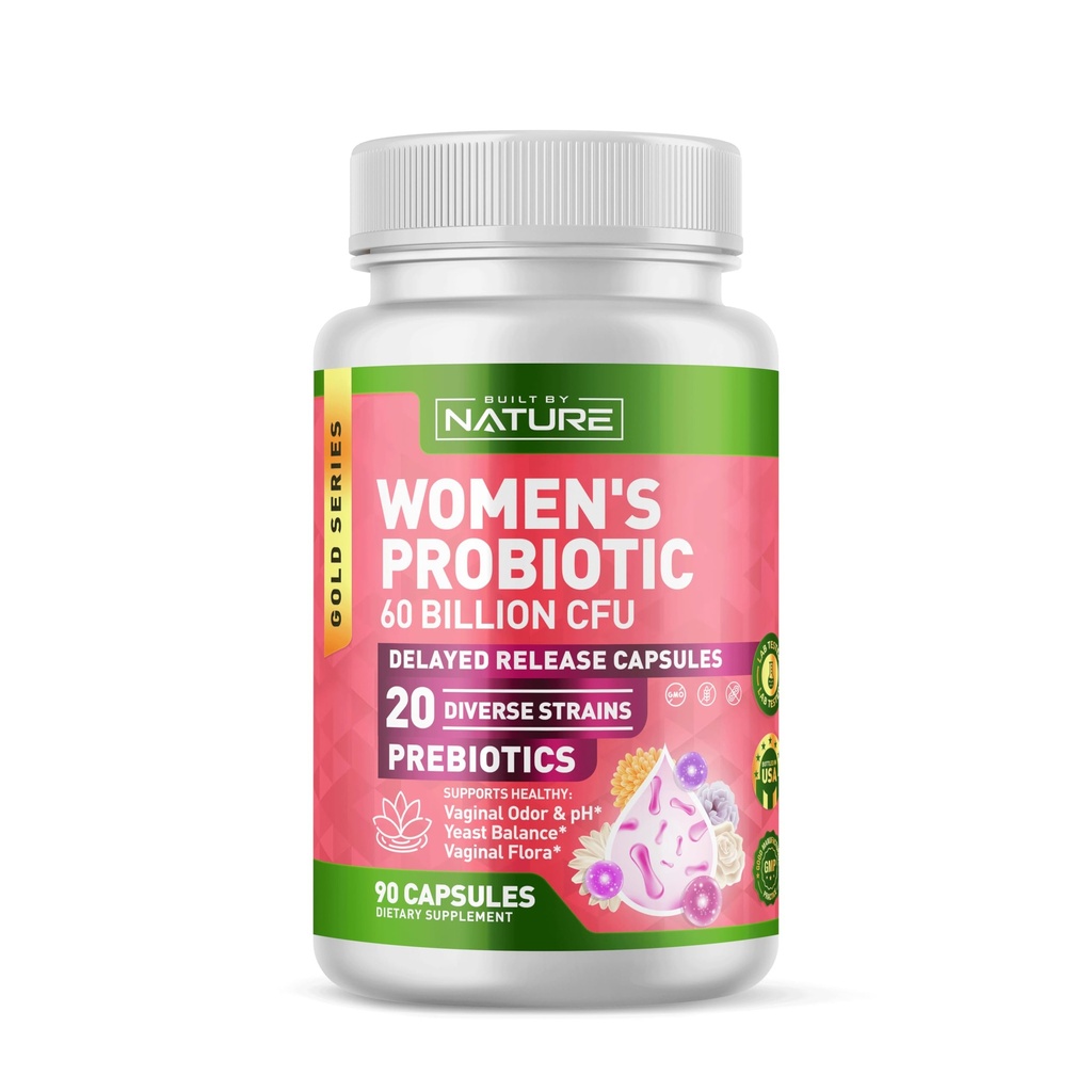 Built by Nature Probiotic for Women 60 Billion CFU – 20 Strains + Prebiotics – Vaginal & Digestive Support – Delayed Release Capsules, Shelf Stable – 3 Month Supply - 90 Capsules