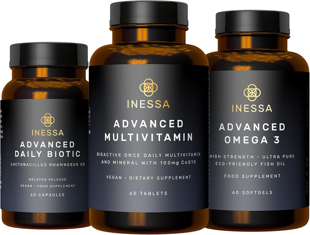 Inessa Essential Wellness Bundle   Multivitamin, Probiótico &amp; Omega 3 Producido a un grado clínico para el bienestar óptimo para hombres y mujeres