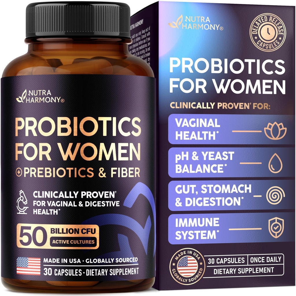 Probiotics for Women 50 Billion CFU - Vaginal Probiotics Clinically Proven for Yeast & pH Balance - Digestion & Bloating Relief - 8 Strains + Prebiotics - Delay Release - Made in USA, 30 Capsules