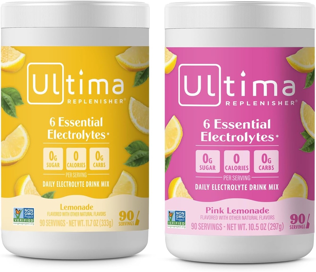 Ultima Replenisher Electrolyte Powder Drink Mix Bundle – Sugar Free – Lemonade y Pink Lemonade, 90 Servings – Hydration Powder - 6 Key Electrolytes and Trace Minerals – Keto Friendly, Non-GMO