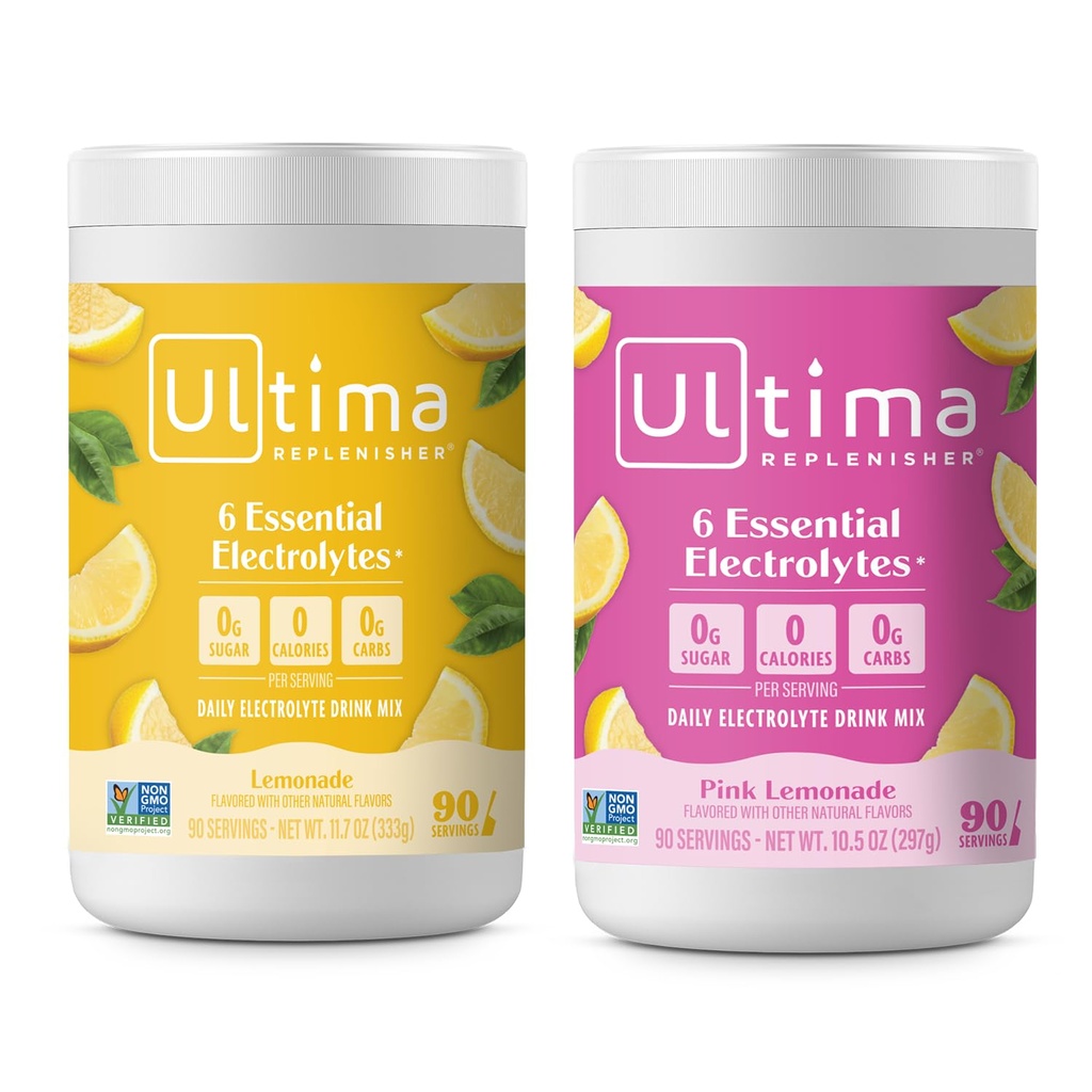 Ultima Replenisher Electrolyte Powder Drink Mix Bundle – Sugar Free – Lemonade y Pink Lemonade, 90 Servings – Hydration Powder - 6 Key Electrolytes and Trace Minerals – Keto Friendly, Non-GMO