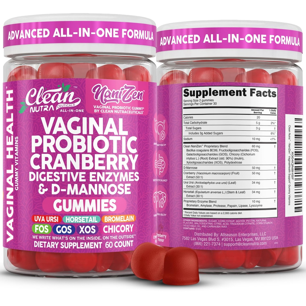 Clean Nutra Vaginal Probiotic Gummies for Women Cranberry Digestive Enzymes D Mannose Womens Probiotic Dmannose Horsetail Bromelain Chicory Fiber Feminine Care Prebiotics Inulin Papaya Enzyme Gummy