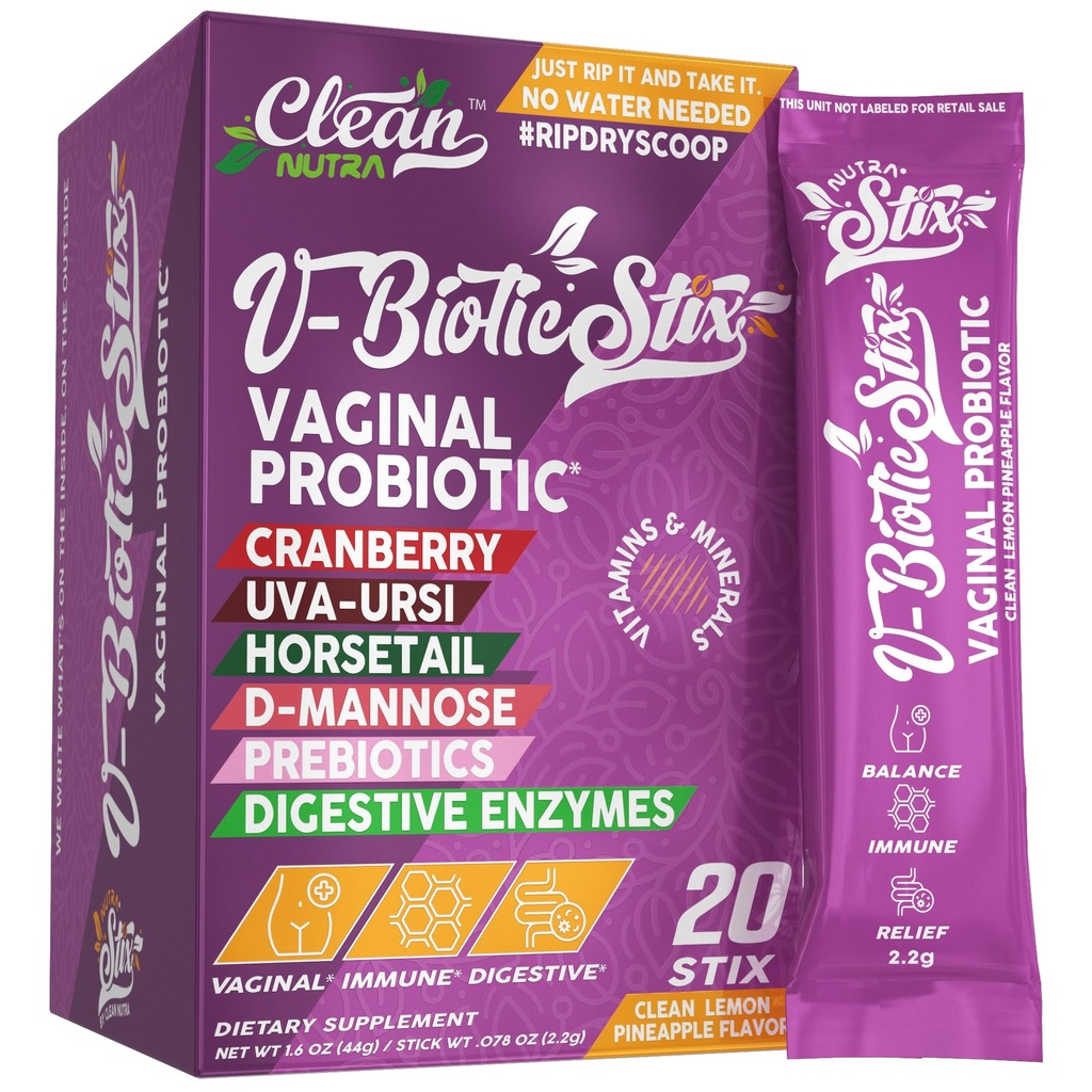 Clean Nutraceuticals Vaginal Probiotics for Women with Cranberry Extract, D-Mannose, Prebiotics, pH Balance for Women, Vaginal Health – Womens Probiotic Alternative to Gummies - 20 Stix