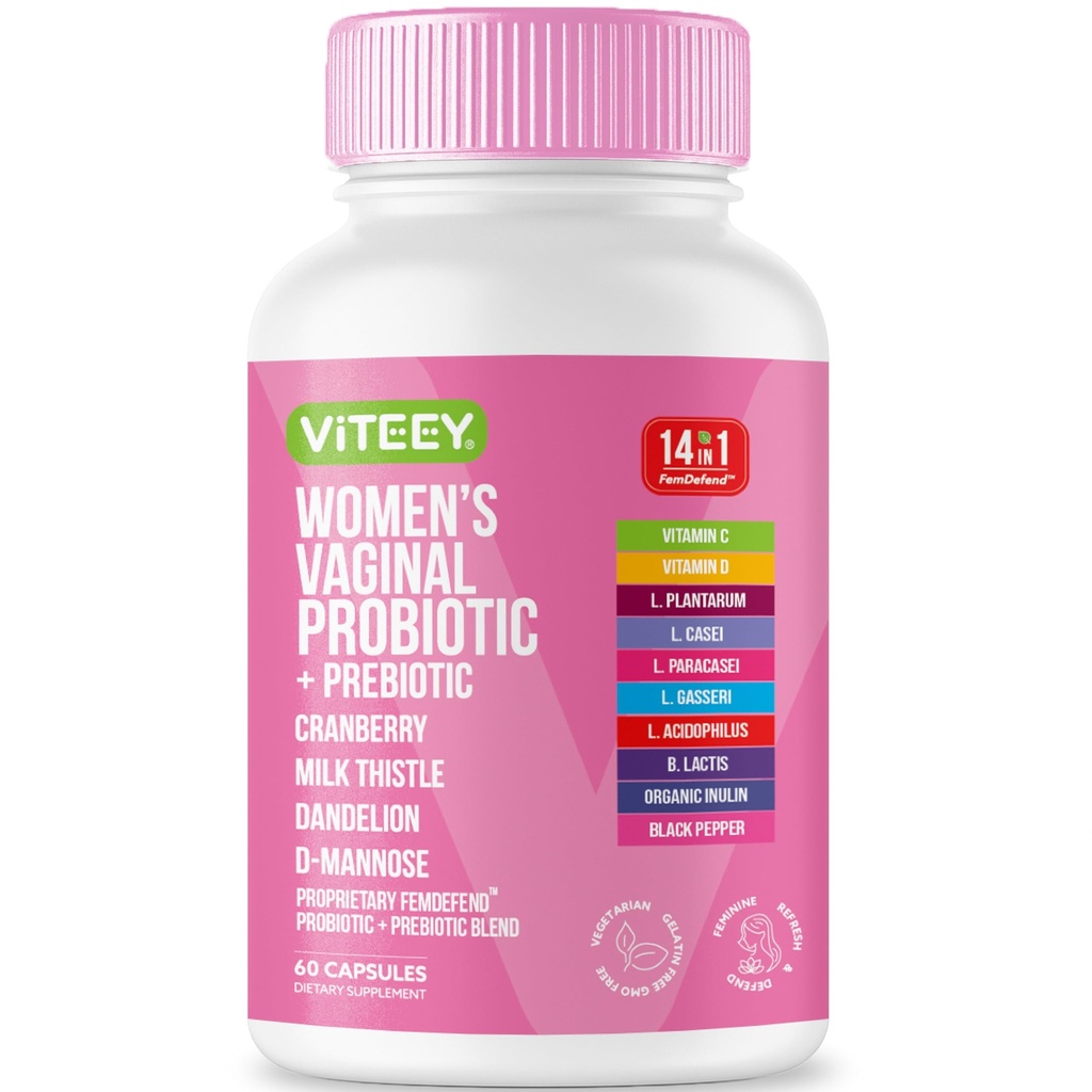 Viteey 14in1 FemDefend Womans Vaginal Probiotic with Prebiotic Capsule Blend 60 Count 1 Pack