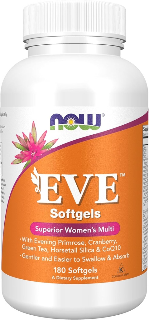 AHORA Suplementos de alimentos, Multivitamina de mujeres EveTM con Primrose de noche, arándano, té verde, cola de caballo Silica & CoQ10, 180 Softgels