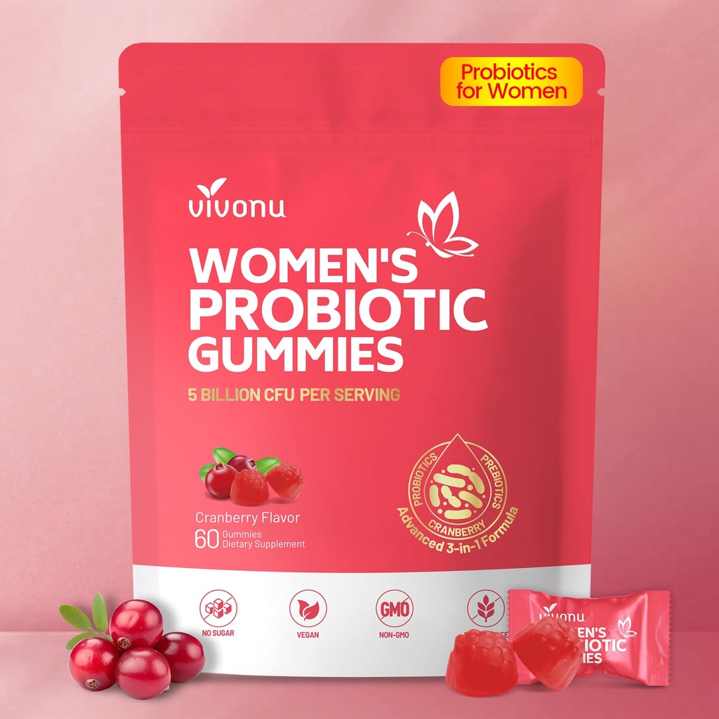 VivoNu Probiotics for Women, Women Probiotic Gummies, 500 Million CFUs, Fiber TEN Feminine Balance Gummies for Healthy Odour, Digestive Support and Gut Health + Vitamin C for Immune Support - 60 Gummies