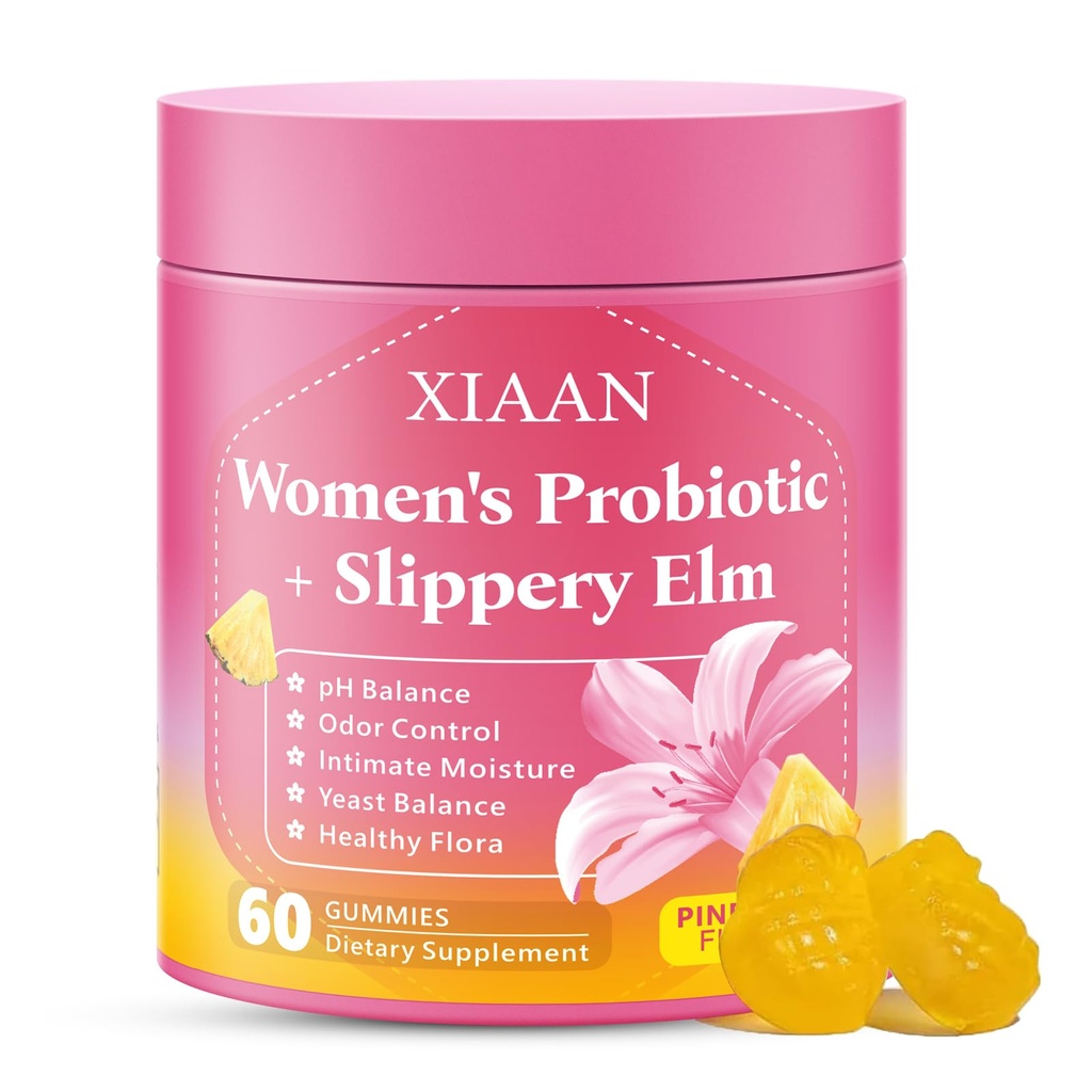 Women Probiotic Slippery Elm Gummies, Her Juicy Feminine Probiotics Supports pH Balance & Immune System, Vaginal Probiotic Gummies, Suagr-Free, Veagn, Pineapple Flavor, 60 Count
