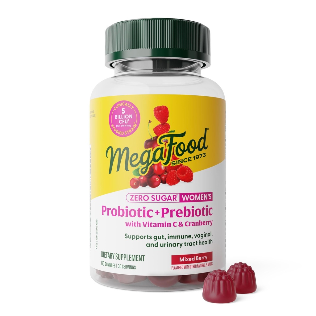 MegaFood Women’s Probiotic + Prebiotic Gummies - Zero Sugar Prebiotics and Probiotics for Women - Vitamin C & Cranberry - Supports Immune, Vaginal & Gut Health - 60 Vegan Berry Gummies, 30 Servings