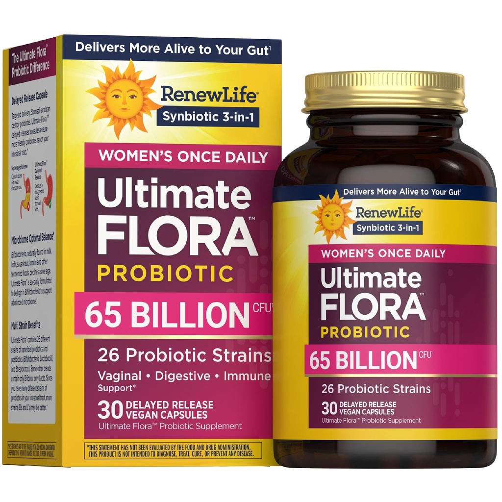 Renew Life Ultimate Flora Probiotics for Women 65 Billion CFU Delayed Release Vegan Capsules  Vaginal ← Salud Digestiva ANTE Immune Health ← Dairy Free ← 30 Count